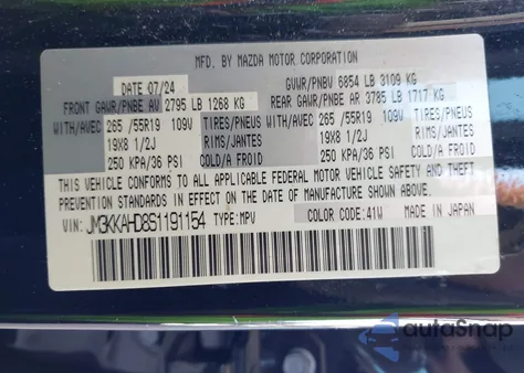 2025 Mazda Cx-90 3.3 Turbo Select Package z USA, uszkodzony, nr VIN JM3KKAHD8S1191154